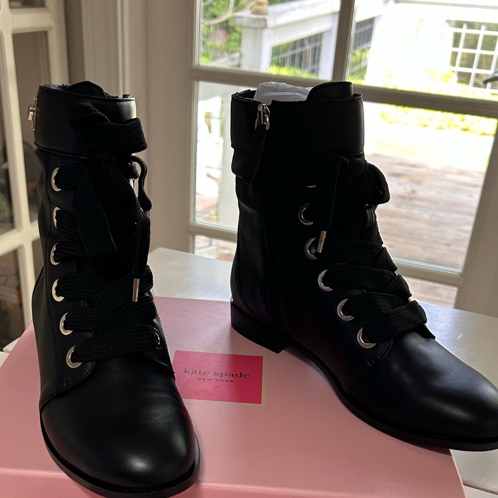NWT black Kate spade combat booties size 7.5. Side zipper, box & dust cover